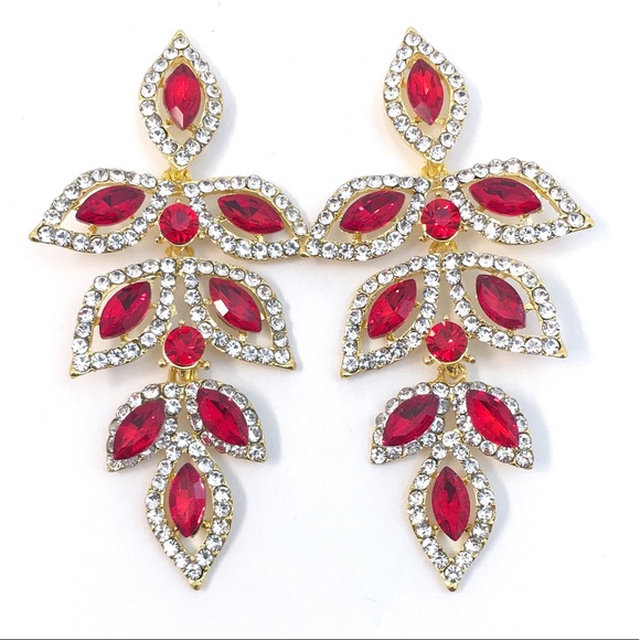 Cherryl's Jewelry - Red Crystal Leaf Cascade Chandelier Earrings